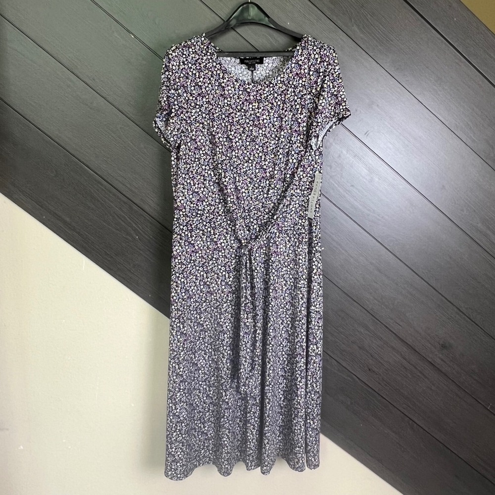 Perceptions New York Women Floral Tie Front Midi Dress Purple Short Sleeve NWT L